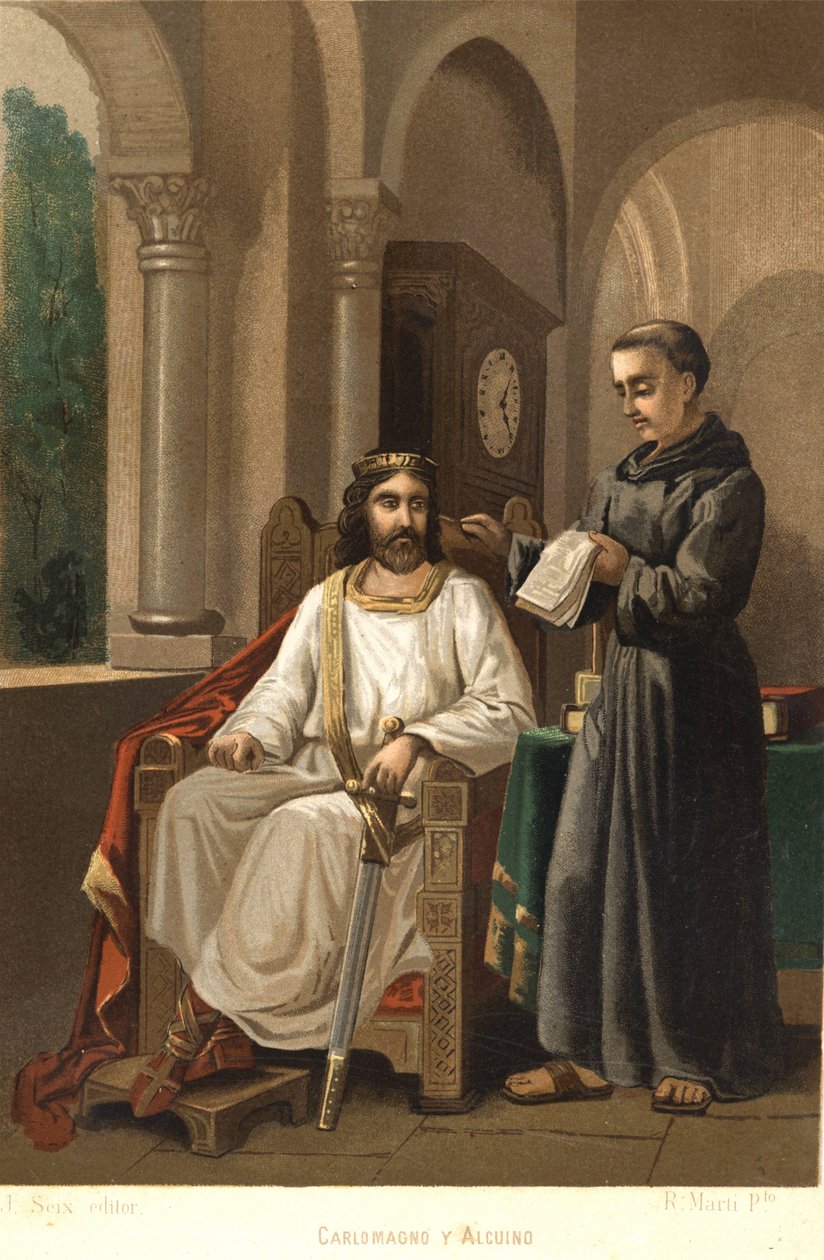 Karel Veliký (747-814), král Franků a císař Západu, a Alcuin (asi 781). po „La Ciencia y sus Hombres““ od Louise Figuiera. Barcelona 1881 od Unknown artist