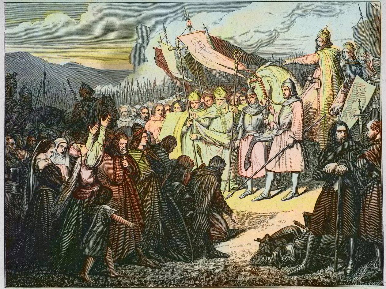 Karel Veliký přijímá Wittekindovu kapitulaci v Paderbornu (785) - Vítězství Karla Velikého (742-814) nad saským ramenem Widukind ze Saska (Wittekind) v roce 785 (Widukind nebo Witikind - Widukind saských válek: germánský vůdce Sasů Widukindits od Unknown artist