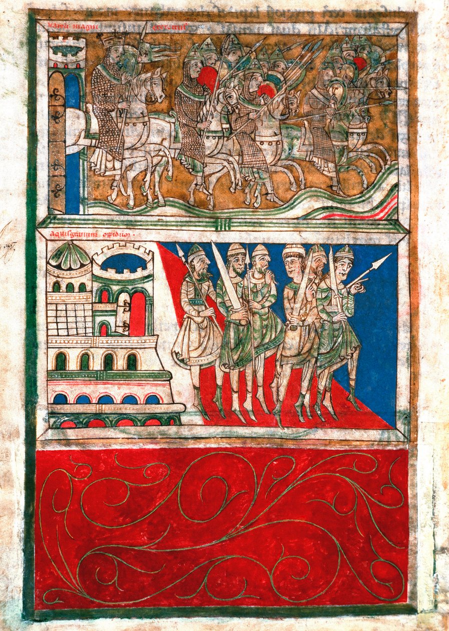 Karel Veliký a jeho rytíři opouštějí Cáchy a jdou do Santiaga de Compostela Miniature z „Codex Calixtinus““ (Kniha svatého Jakuba), kolem roku 1140. fol. 162 v. Archivy katedrály Santiago de Compostela (Santiago de Compostela), Španělsko od Unknown artist