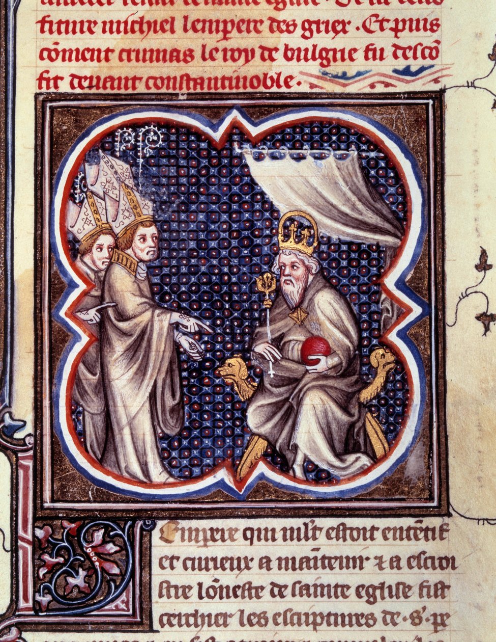 Karel Veliký a biskupové. Miniatura v „“ Grandes Chronicles de France. Grandes Chronicles de France od Karla V.“ (folio 102), cca 1375-1380. BN, Paříž od Unknown artist