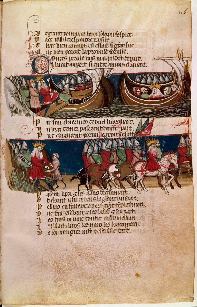 Karel Veliký pluje nahoru na lodi a pod sebou vede své armády během svých výbojů (Miniatura od Unknown artist