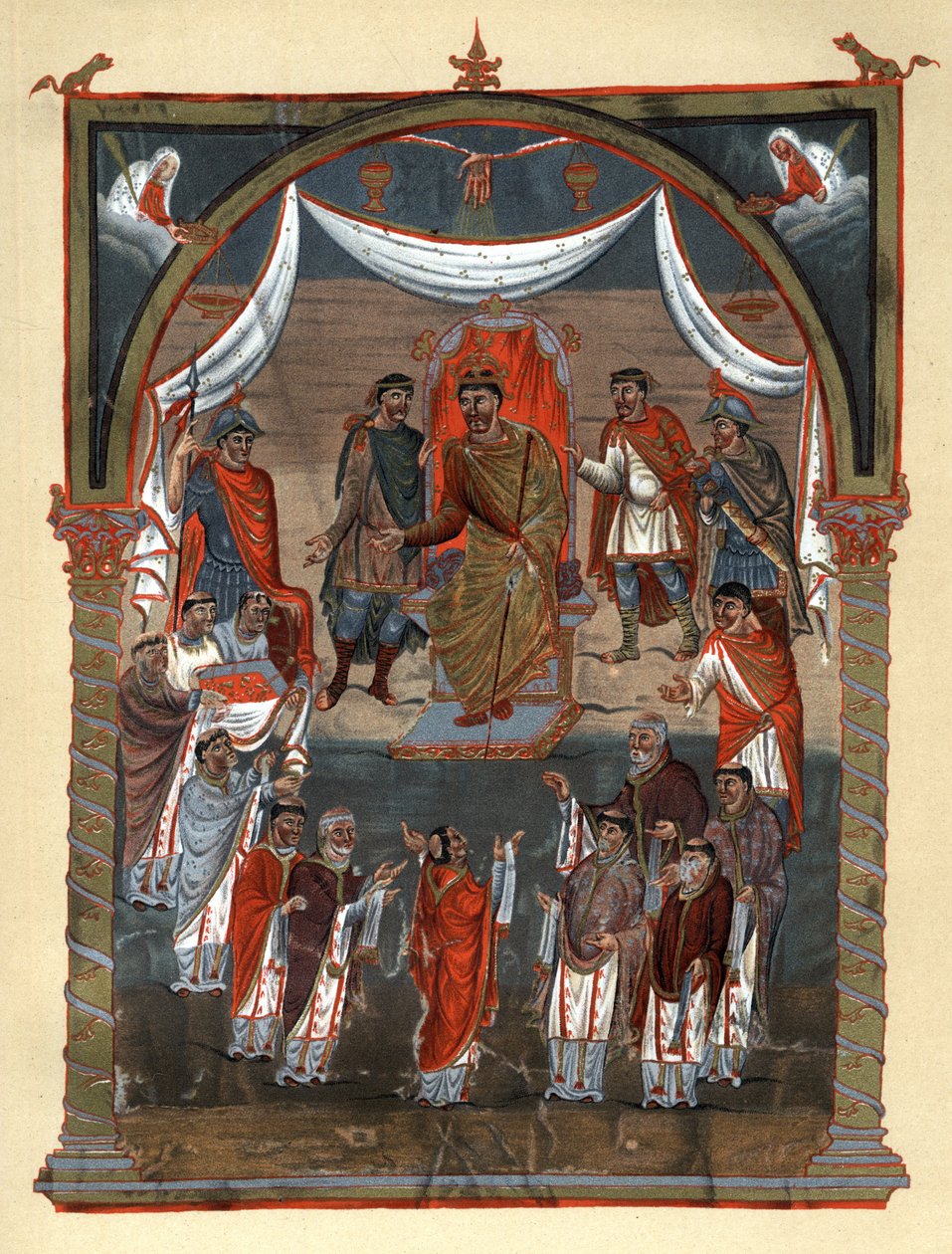 Karel II. Plešatý (823 - 877), francouzský král přijímající delegaci mnichů z Tours. Faksimile v chromolitografii 19. století podle miniatury z X. století zachované v B.N. de Paris. od Unknown artist