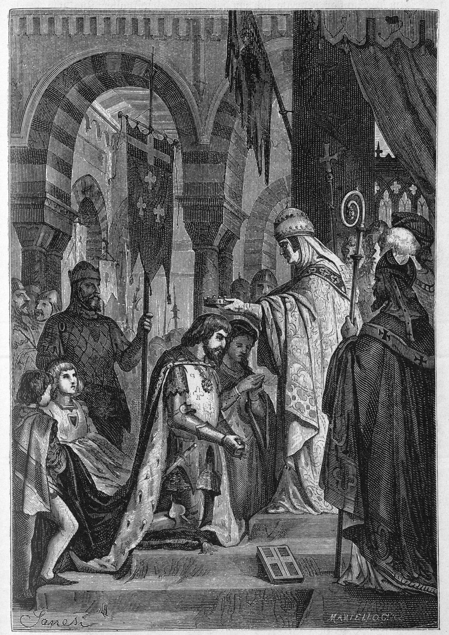 Karel I. z Anjou (Karel I. Sicílský) (1226-1285) byl 28. 6. 1265 investován do Sicilského království papežem Klementem IV. (v. 1195-1268). od Unknown artist