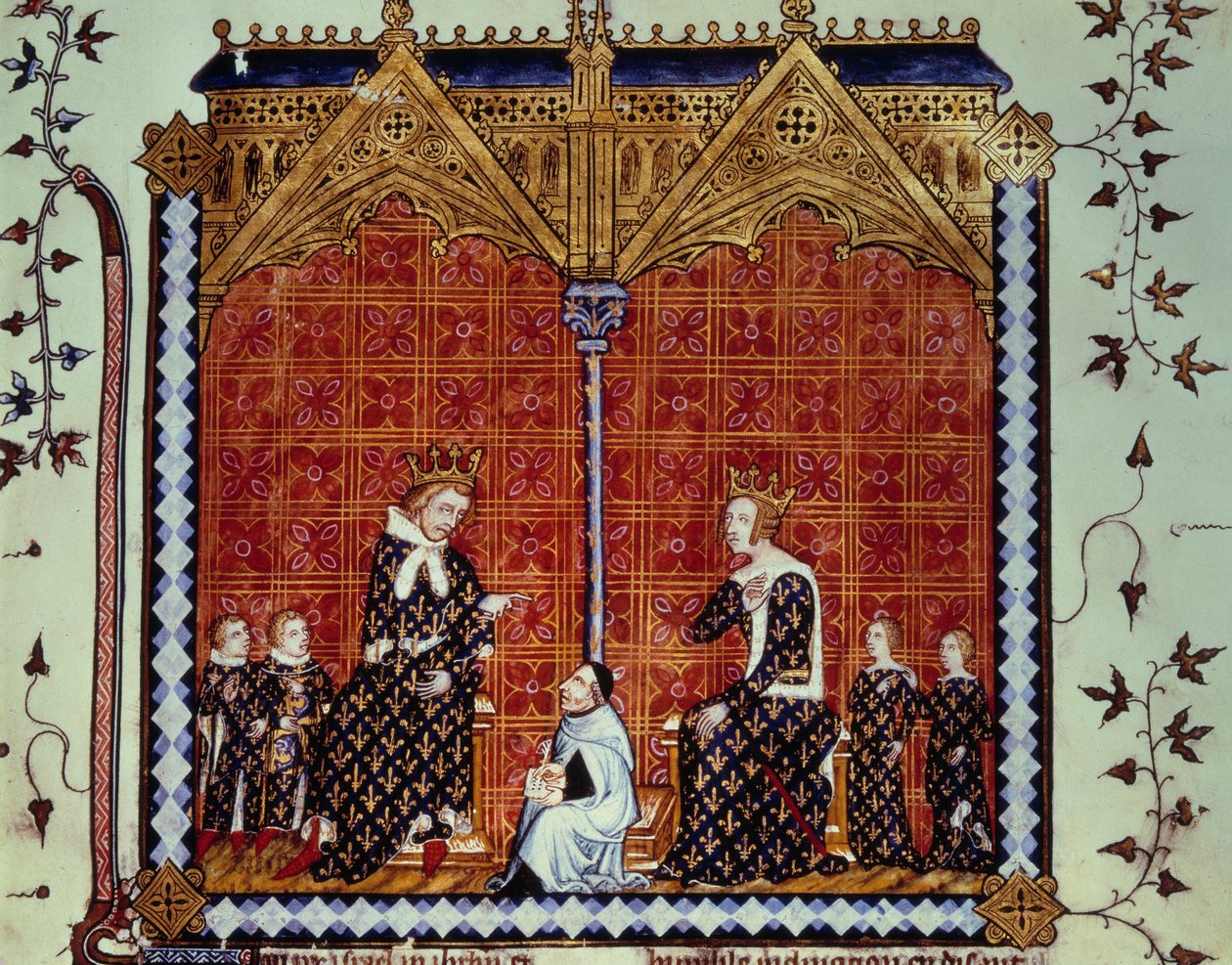 Karel V. Moudrý a Jeanne de Bourbon, obklopeni svými dětmi. Miniatura z rukopisu „“Rational des divins office“““ Folio 1, popsaný Guillaume Durandem a přeložený Jeanem Goleinem od Unknown artist