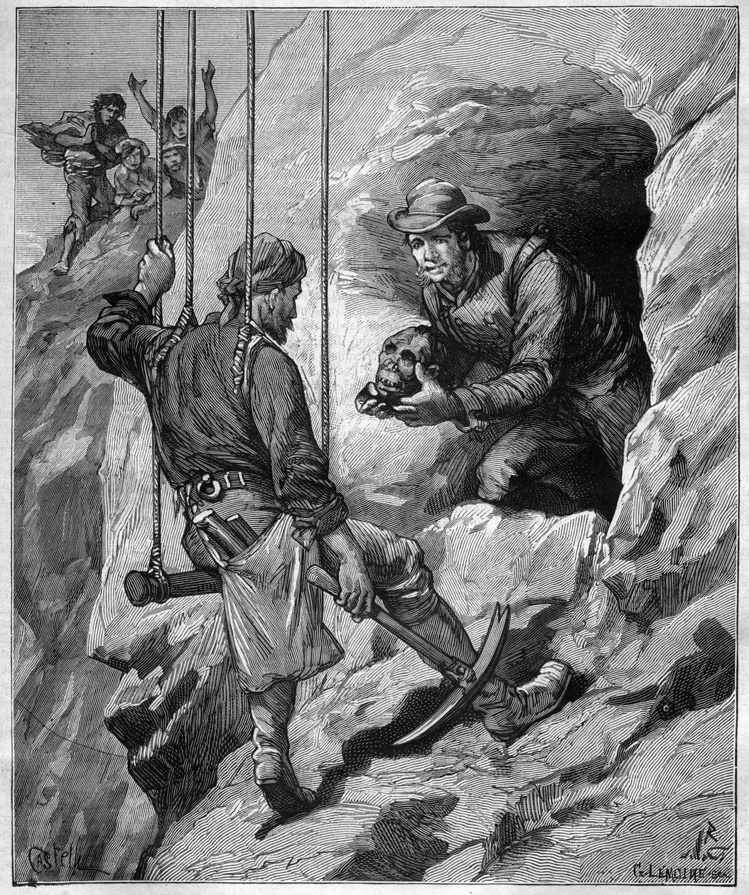 Charles Wiener (1851-1913) francouzský průzkumník a diplomat zkoumající pohřební jeskyni v Peru - rytina v „“ journal des voyages“““ 1887 od Unknown artist