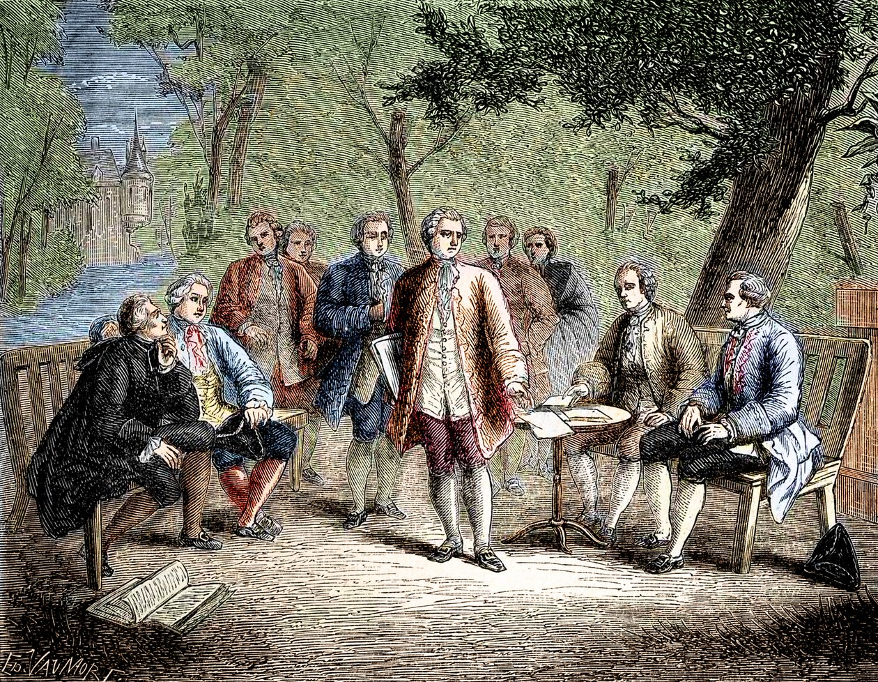 Charles de Secondat Montesquieu s vědeckým večeřadlem na zámku Clairac, Francie - Vědecké večeřadlo zámku de Clairac: Montesquieu a jeho baron de Secondat, rytíř z Vivens, Romas a bratři Dutilhové - v „Album de la Science; já od Unknown artist