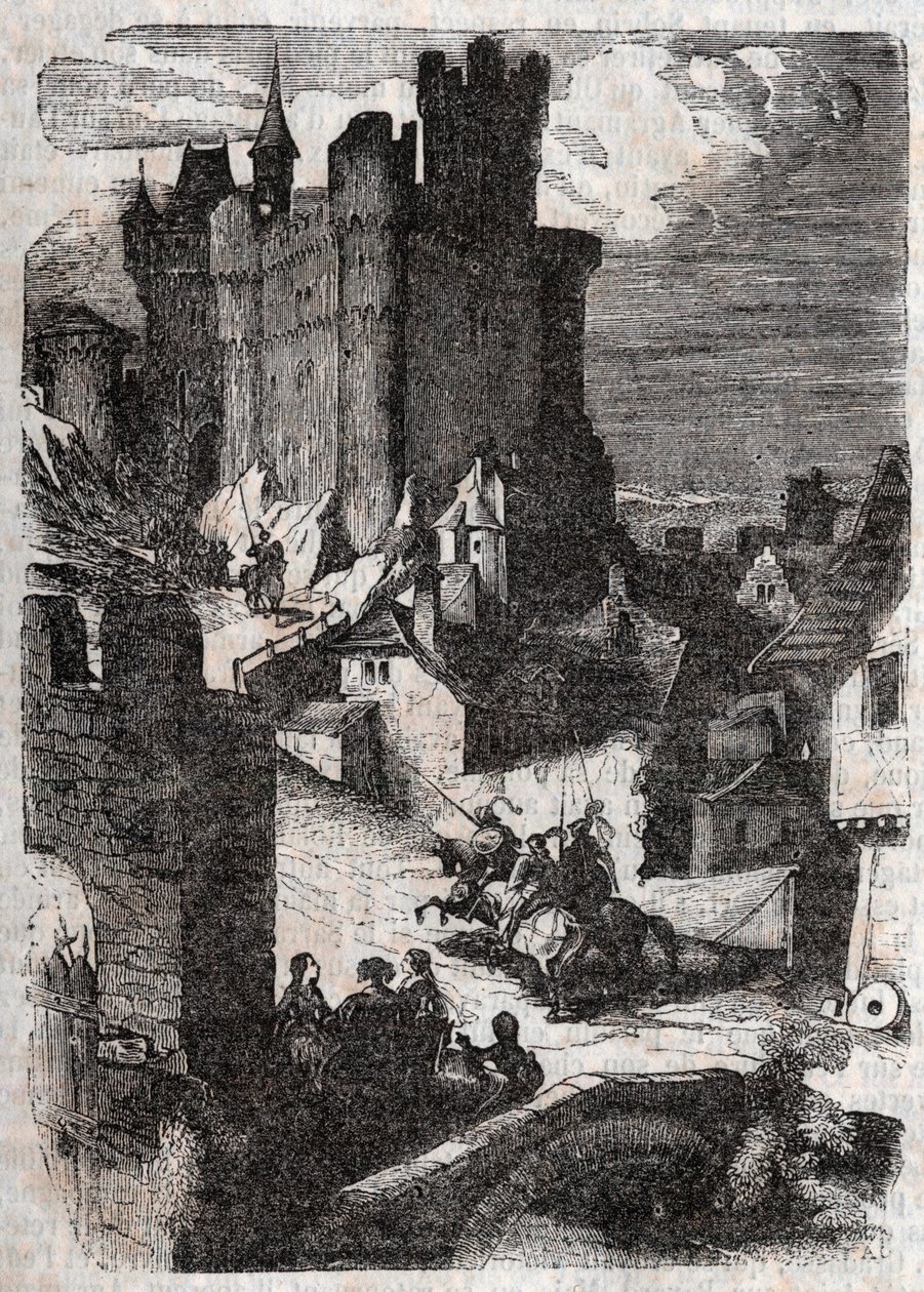 Chateau de Marganor - rytina z roku 1851 z „“Roland furieux““ (Orlando furioso) (16. století) od Ludovica Ariosta, známého jako Ariosta – vydání přeložené z italštiny hrabětem z Tressanu a vydané Gustavem Harvardem 1851 od Unknown artist