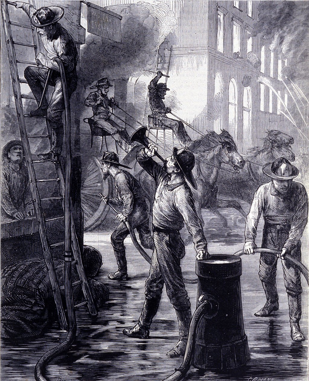 Chicago Fire Brigade Breaking a Fire, Spojené státy americké. 19. století od Unknown artist