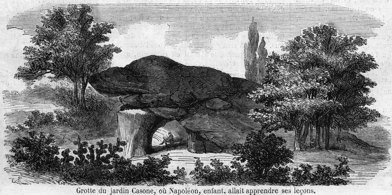 Napoleonovo dětství 1.: pohled na jeskyni zahrady Casone na Korsice aneb Napoleon (1769-1821) se chystal učit. Rytina 19. století. od Unknown artist