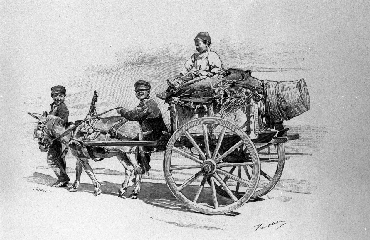 Děti lidí na vozíku taženém oslem. Sicílie rytina 19. století od Unknown artist
