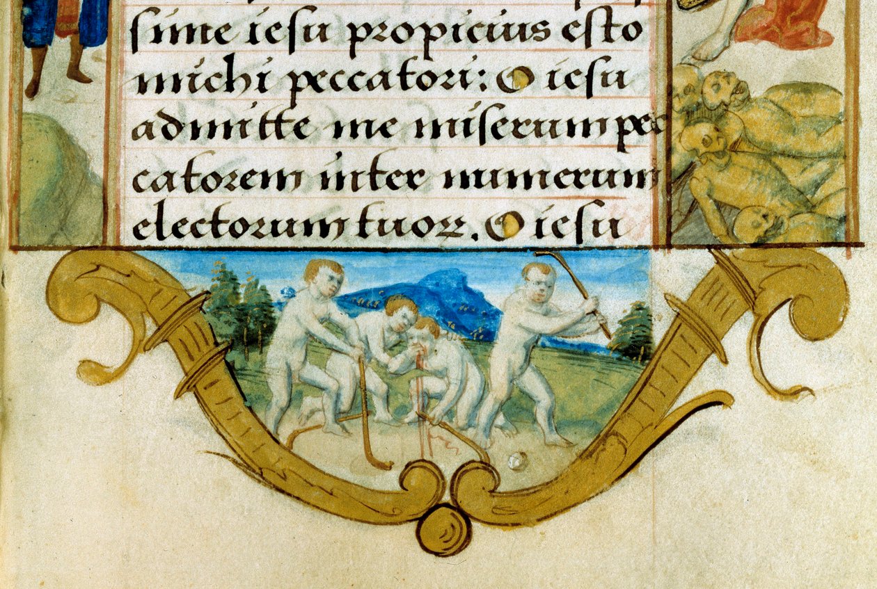 Děti hrající míčovou hru, předek hokeje. Detail miniatury z Knihy hodin rodu Anjou od Unknown artist