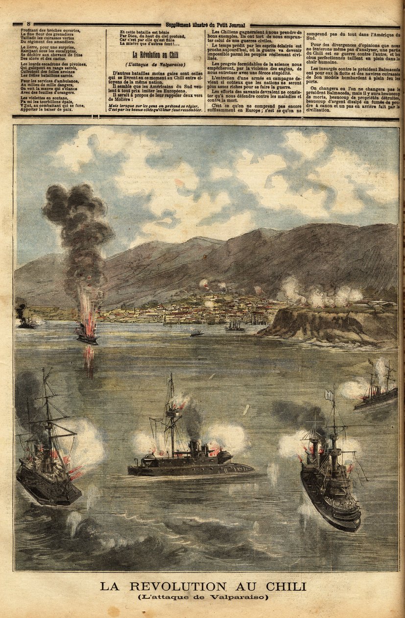 Chile, uprostřed občanské války, brzy po získání nezávislosti, bitevní lodě povstání, zvané kongresmani, bombardovaly chilské přístavy, aby bojovaly proti vlivu a politice prezidenta José Manuela Balmacedy (1840-1891). Rytina „“ Le petit od Unknown artist