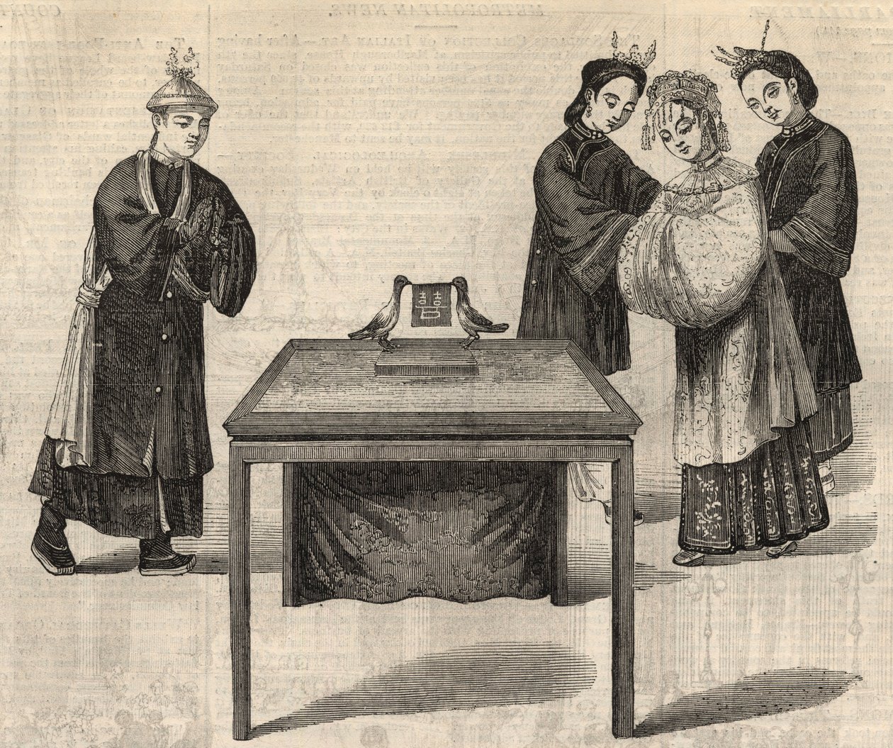 Čínský zvyk: podpis manželské smlouvy. Na stole se dvěma holubicemi je umístěna tabulka se jmény obou manželů. Rytina v „“The Illustrated London News““ ze 14. února 1857. od Unknown artist