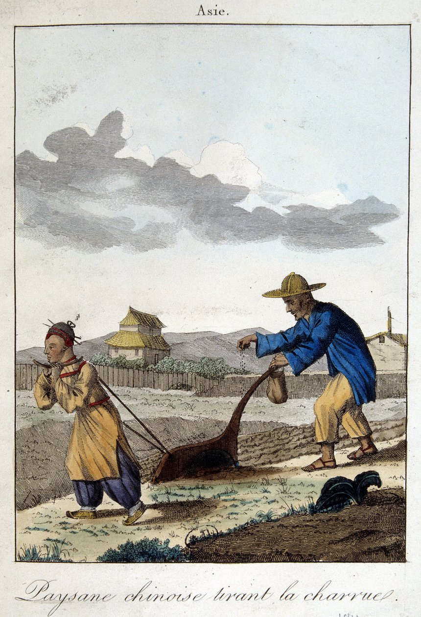Čínský rolník táhne pluh. V „Zvyky a zvyky národů“, ed. Hocquart od Unknown artist