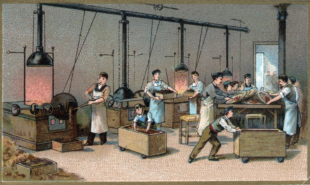 Výroba čokolády. Cocoa Torrefaction Room. Chromolitografie konce 19. století od Unknown artist