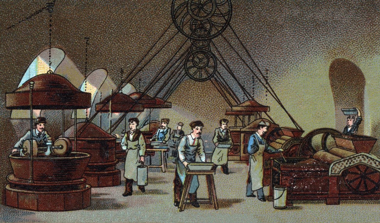 Výroba čokolády: brusírna. Chromolitografie konce 19. století od Unknown artist
