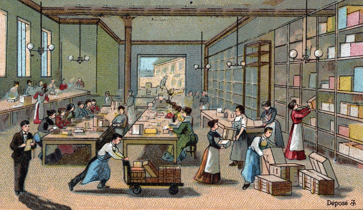 Výroba čokolády: balení, expedice. Chromolitografie konce 19. století od Unknown artist