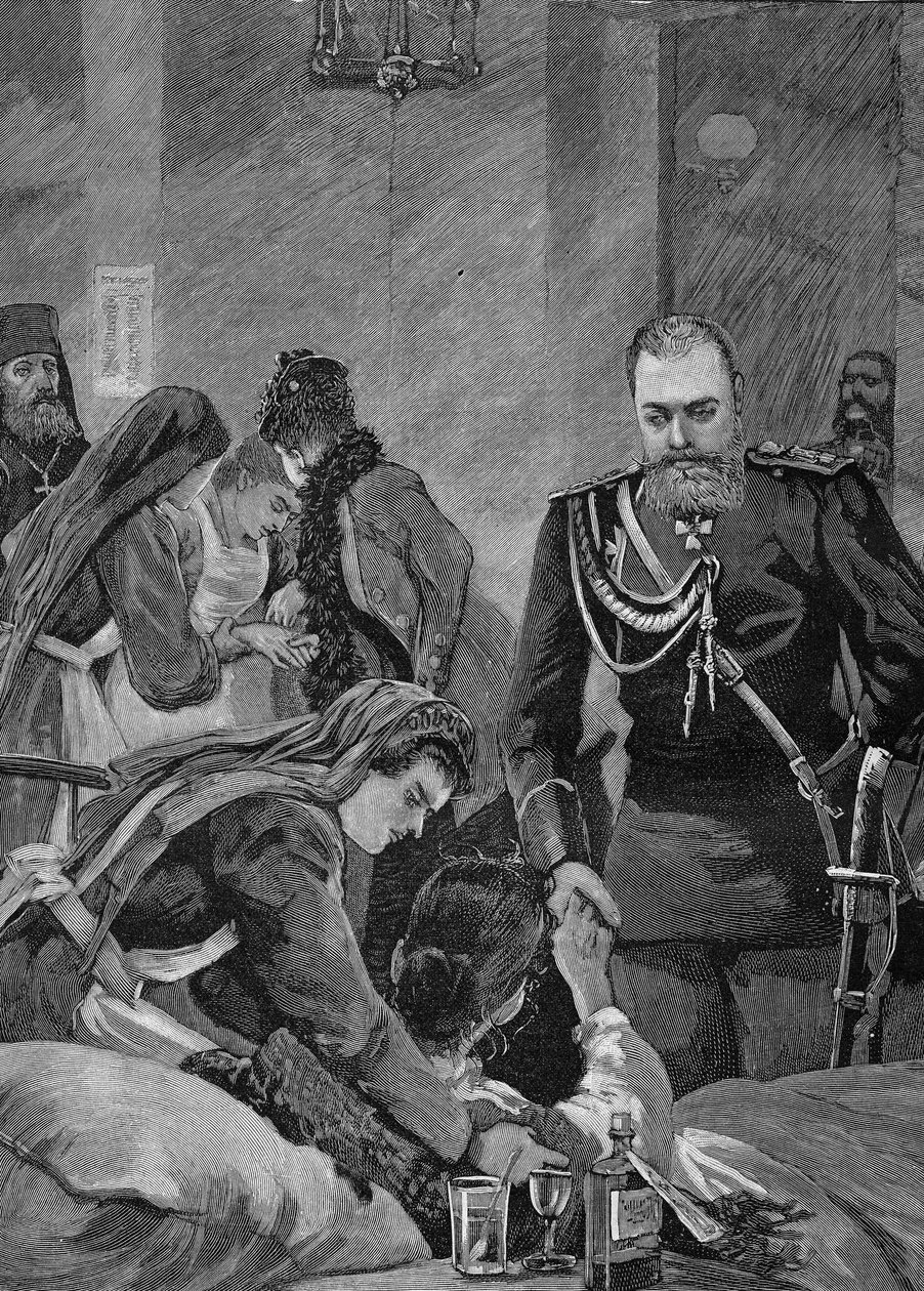 Cholera v Rusku v roce 1892: Alexandr III., ruský císař a jeho manželka Maria Fjodorovna, ruský císař navštíví nemocnici. Rytina z roku 1892. od Unknown artist