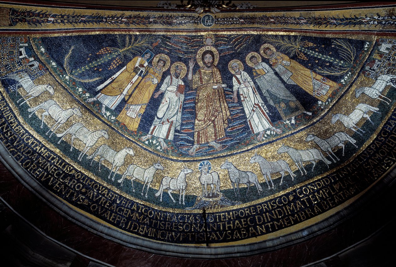 Kristus mezi svatým Pavlem, svatá Cecílie, sv. Pascal, sv. Petr, sv. Valeriano a svatá Agata (mozaika, 821) od Unknown artist