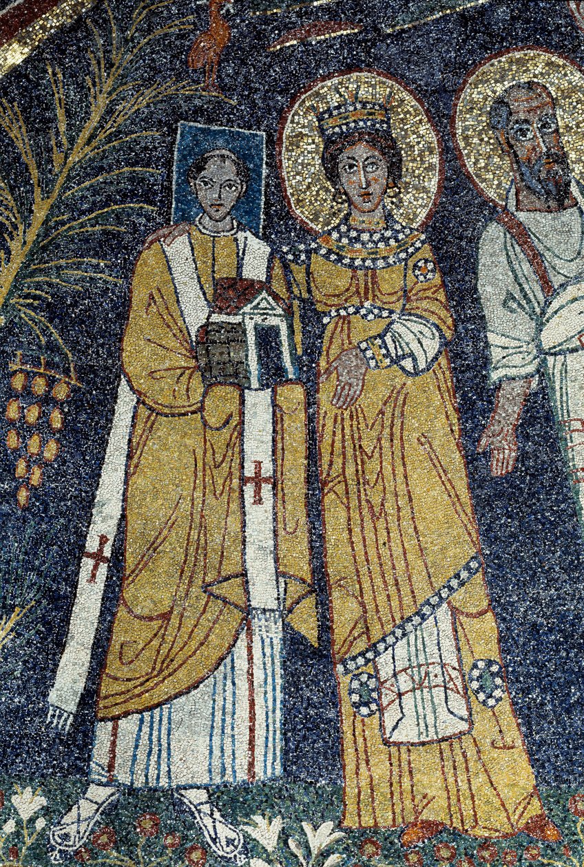 Kristus mezi svatým Pavlem, svatou Cecílií, svatým Pascalem, svatým Petrem, svatým Valeriánem a svatou Agátou (Mozaika, 821) od Unknown artist