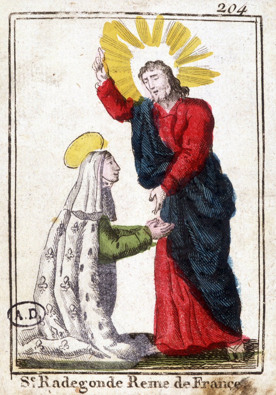 Kristus a svatá Radegonde (asi 520 - 587), královna Francie, manželka Clotaire (Clothaire) I. Zbožný obraz. Rytina z počátku 19. století. Bibliotheque des Arts décoratifs de Paris. od Unknown artist