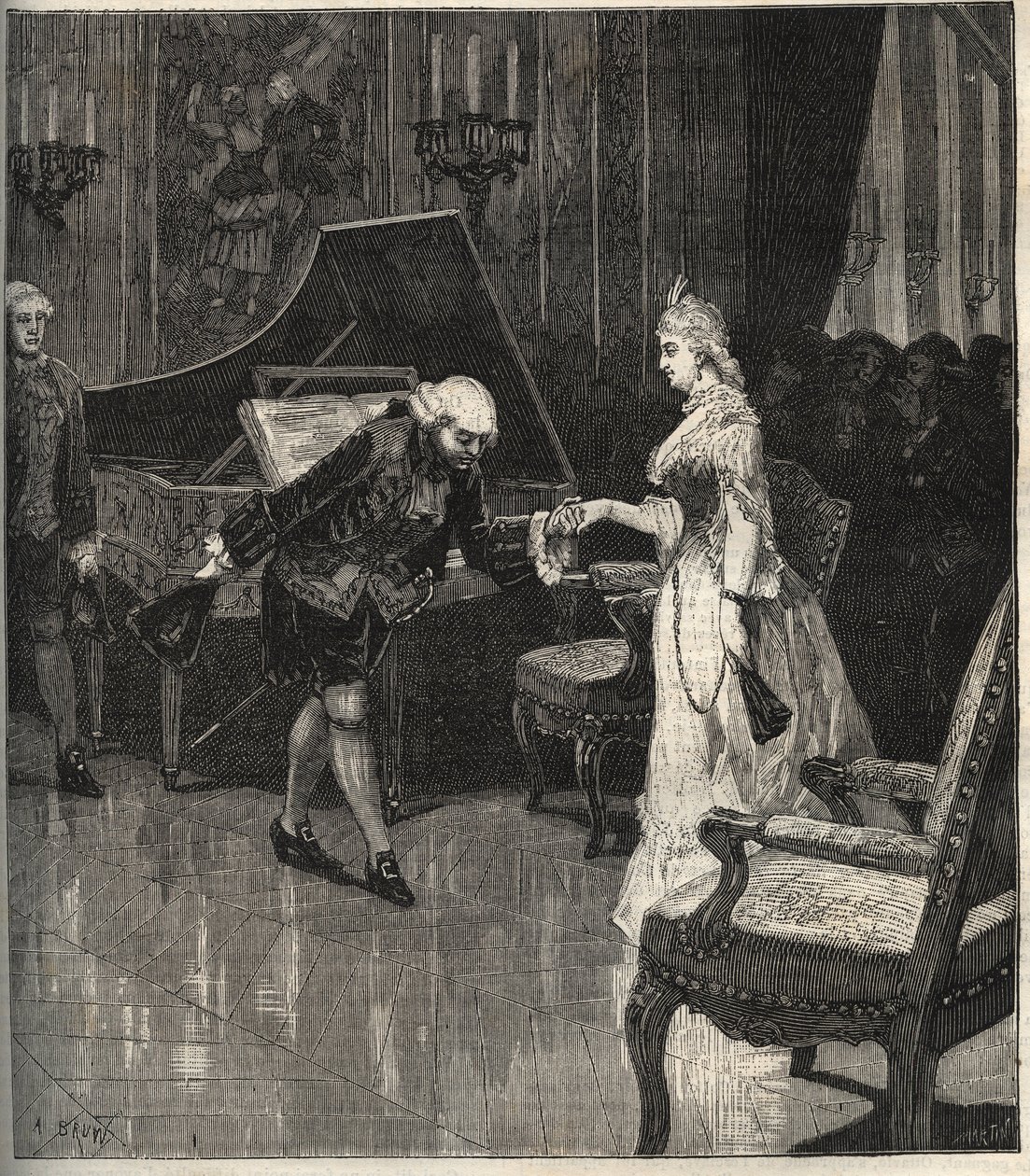 Christoph Willibald Gluck před královnou Marií-Antoinettou v Trianonu - Christoph Willibald Gluck (1714-1787), německý skladatel hrající před královnou Marií Antoinettou a Trianon - rytina v ilustrovaném týdeníku „”Populární hudba””” - 1882 od Unknown artist
