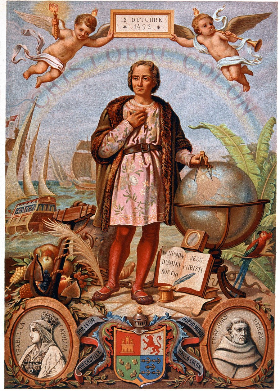 Kryštof Kolumbus. Vlevo portrét Isabelly Katolické, královny Kastilie (1451-1504). Španělská chromolitografie 19. století od Unknown artist