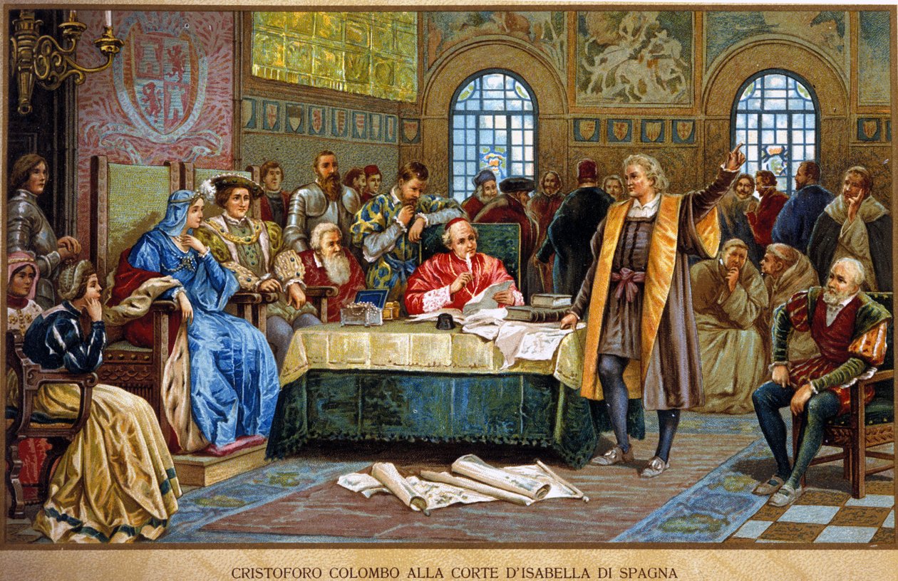 Kryštofa Kolumba na dvoře Isabelly 1. Španělské, zvaného katolík nebo Kastilie. chromolitografie z 19. století. od Unknown artist