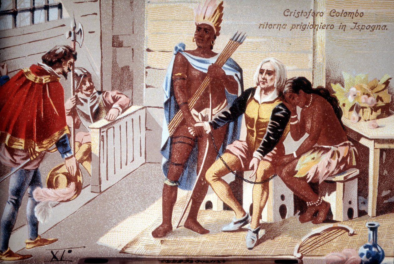 Kryštof Kolumbus vrací vězně do Španělska. Chromolitografie 19. století. od Unknown artist