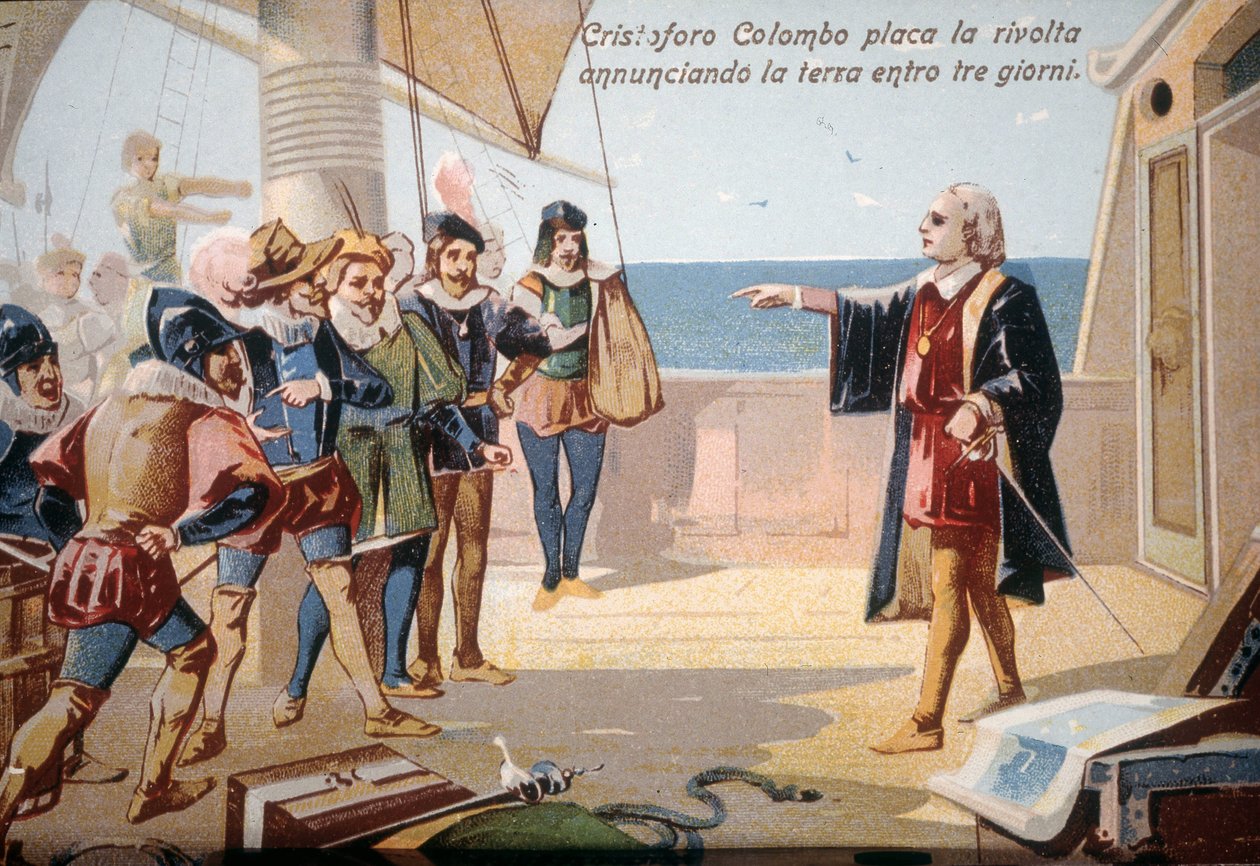 Kryštof Kolumbus zastavil vzpouru posádky oznámením země za tři dny. chromolitograf 19. století. od Unknown artist