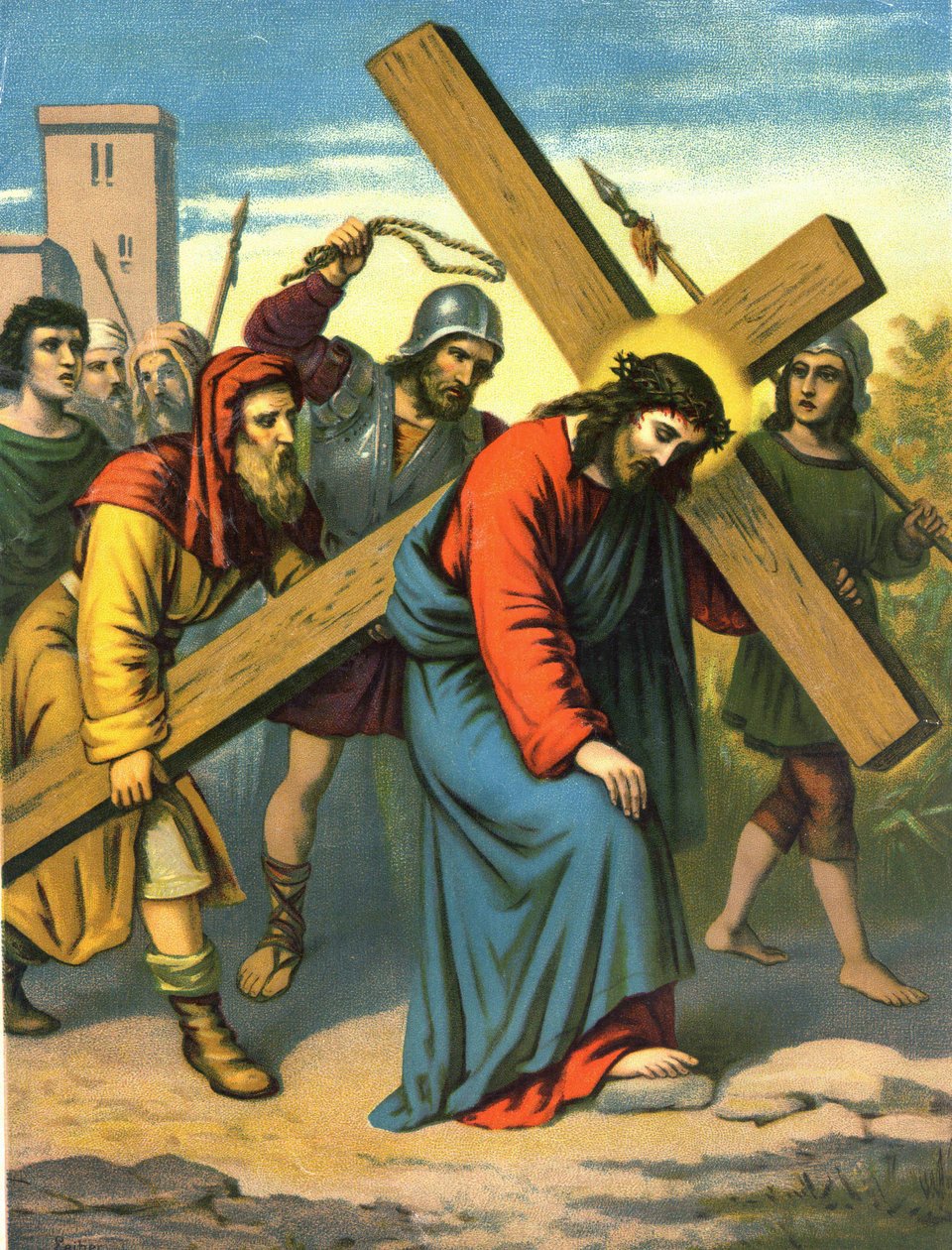 Chromolitografie konce 19. století zobrazující život Krista: Ježíš nesoucí svůj kříž. od Unknown artist