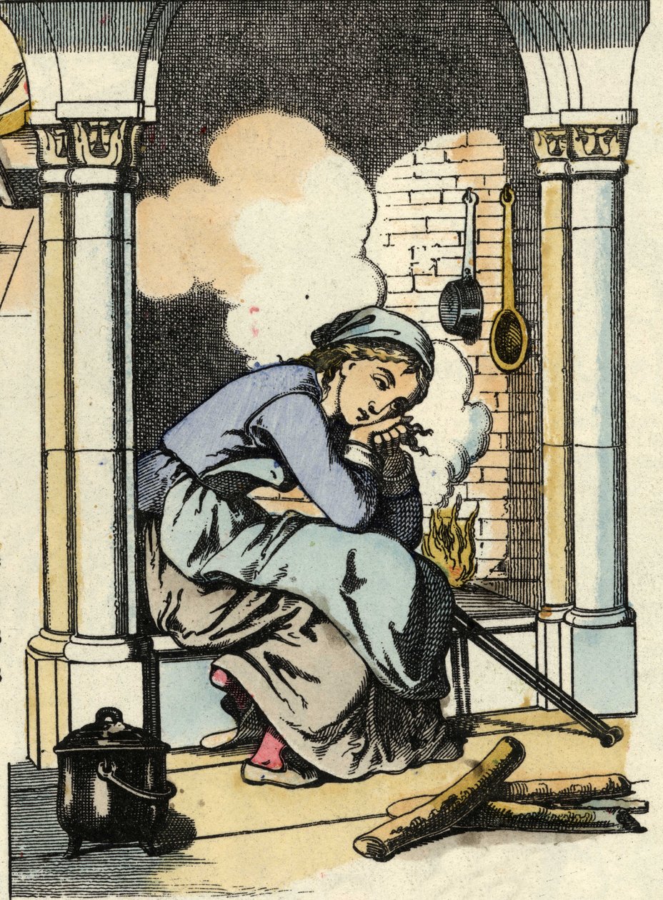 Popelka sní o lepším životě u kuchyňského krbu. Ilustrace příběhu Charlese Perraulta „Popelka aneb La petite slipper de verre“ od Unknown artist