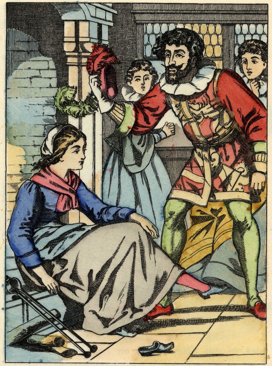 Popelka zkouší skleněnou botu, kterou našel princ. Ilustrace příběhu Charlese Perraulta „Popelka aneb La petite slipper de verre“ od Unknown artist