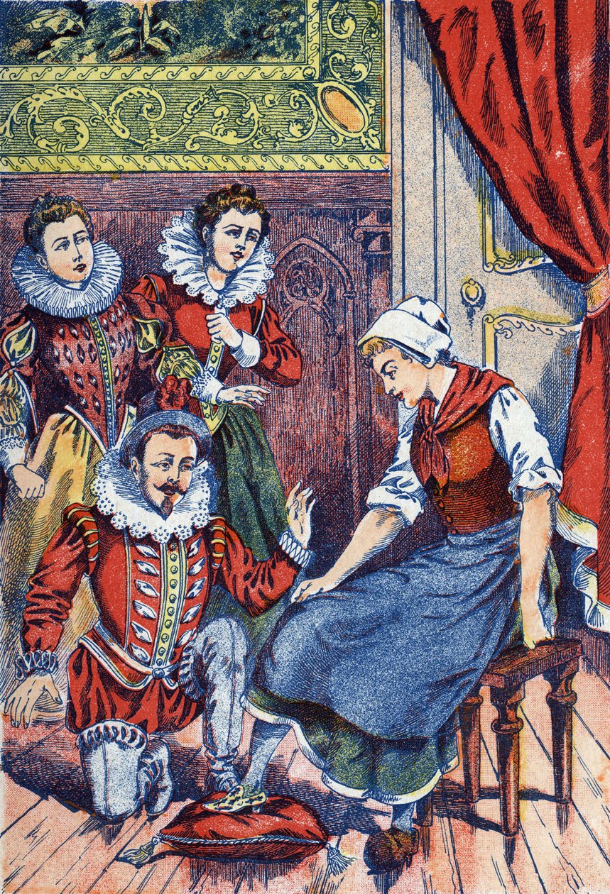 Popelka zkouší pantofle. Anonymní ilustrace k "" Popelce ", příběhu Charlese Perraulta (1628-1703), francouzského spisovatele. Snímky Marcel Vagne, Jarville Nancy, nedatováno (konec 19. století). od Unknown artist