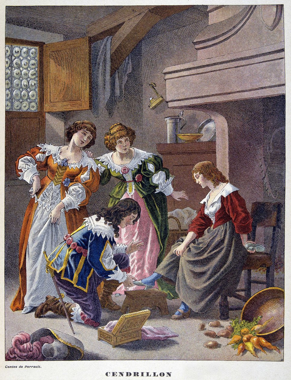 Popelka zkouší pantoflíček vair – v „“Les Tales de Perrault““ od Unknown artist