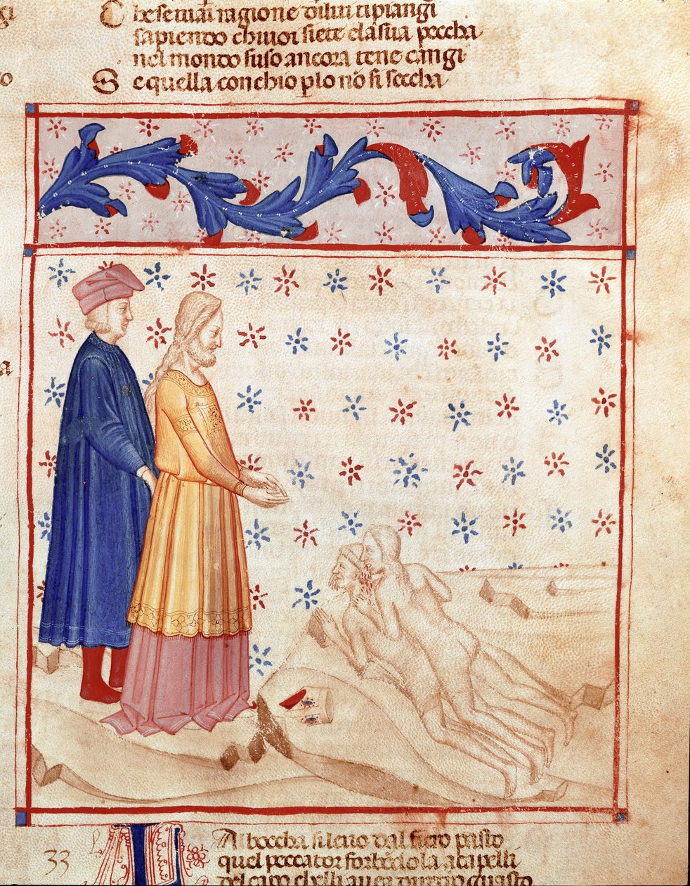 Kruh zrádců: Dante a Virgil potkají Ugolina della gherardesca, tyrana z Pisy a odsoudí ho za zradu vlasti, bije hlavu Archeveque Ruggeri. Osvětlená stránka ilustrující 33. píseň Hell čerpá z „Divina Commedia“ od Unknown artist
