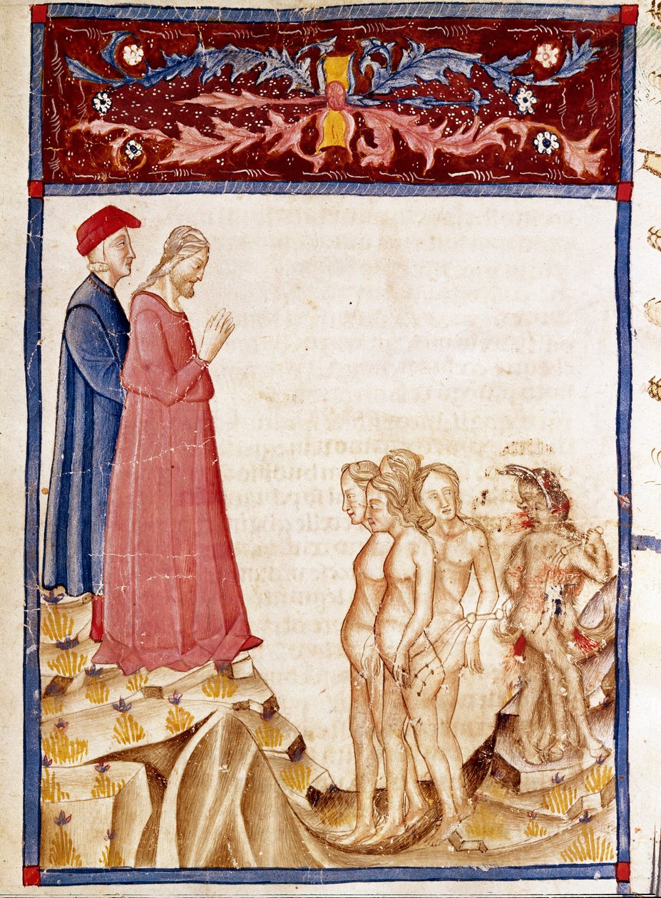 Kruh zrádců: Dante a Virgil potkají duše zrádců dobrodinců. Osvětlená stránka ilustrující 34. píseň pekla čerpá z „Divina Commedia“ od Dante Alighieriho (1265-1321). 14. století, Benátky, Biblioteca Marciana od Unknown artist
