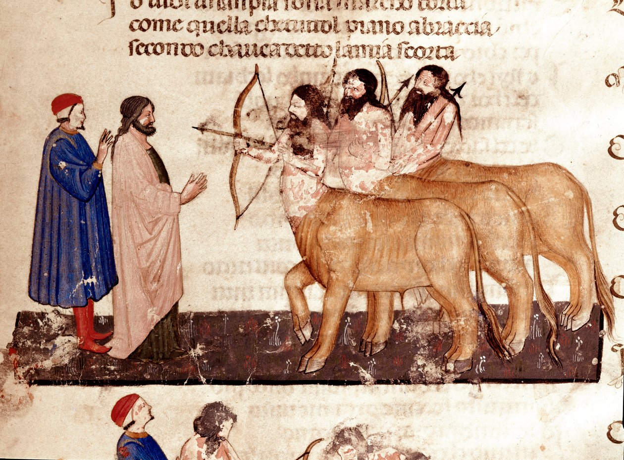 Circle of Violents: Dante a Virgil se setkávají se zbraněmi kentaurů, luky a šípy. Osvětlená stránka ilustrující 7. píseň pekla z „Divina Commedia“ od Dante Alighieriho (1265-1321). 14. století, Benátky, Biblioteca Marciana od Unknown artist