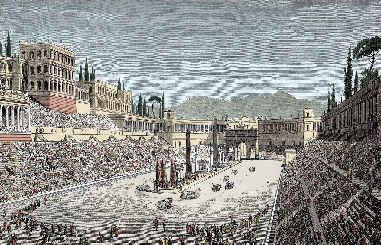 Circus Maximus - Velký cirkus nebo cirkus Maxime, v Římě, se závodem vozů - barevná rytina od Unknown artist