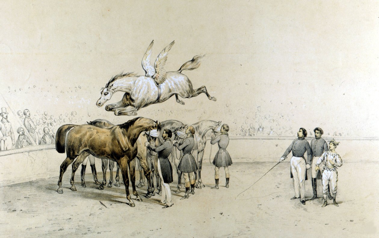 Cirkusová show okřídlený kůň skáče přes tři koně se zavázanýma očima. od Unknown artist