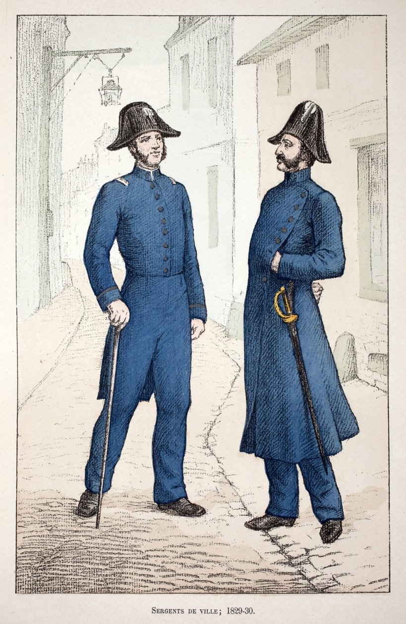Městští četaři (1829-1830). Barevný lept, pro ilustraci Kniha „Historie sboru mírových sil“““ vydaná pod záštitou Louise Lepinea (1846-1933), prefekta policie na Seině, od Alfreda Reye (1864-?) a Louise Ferona (1862 -?) od Unknown artist