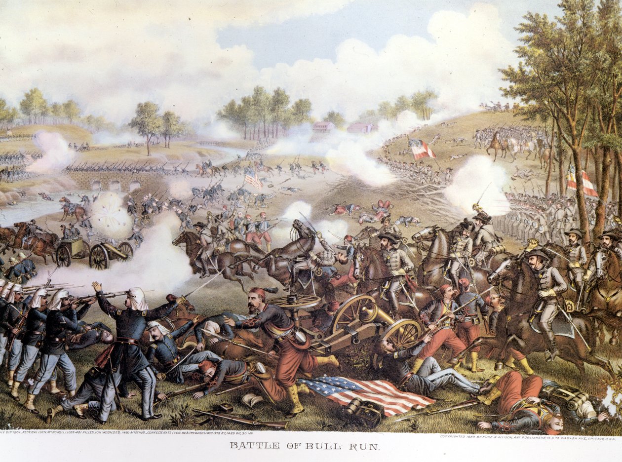 Občanská válka (1861 - 1865), Americká občanská válka 21.7.1861: První bitva u Bull Run nebo První bitva o Manassas: Virginia, Konfederace pod velením generála Beauregarda porazily severské jednotky generála Maca Dowella. Rytina. od Unknown artist