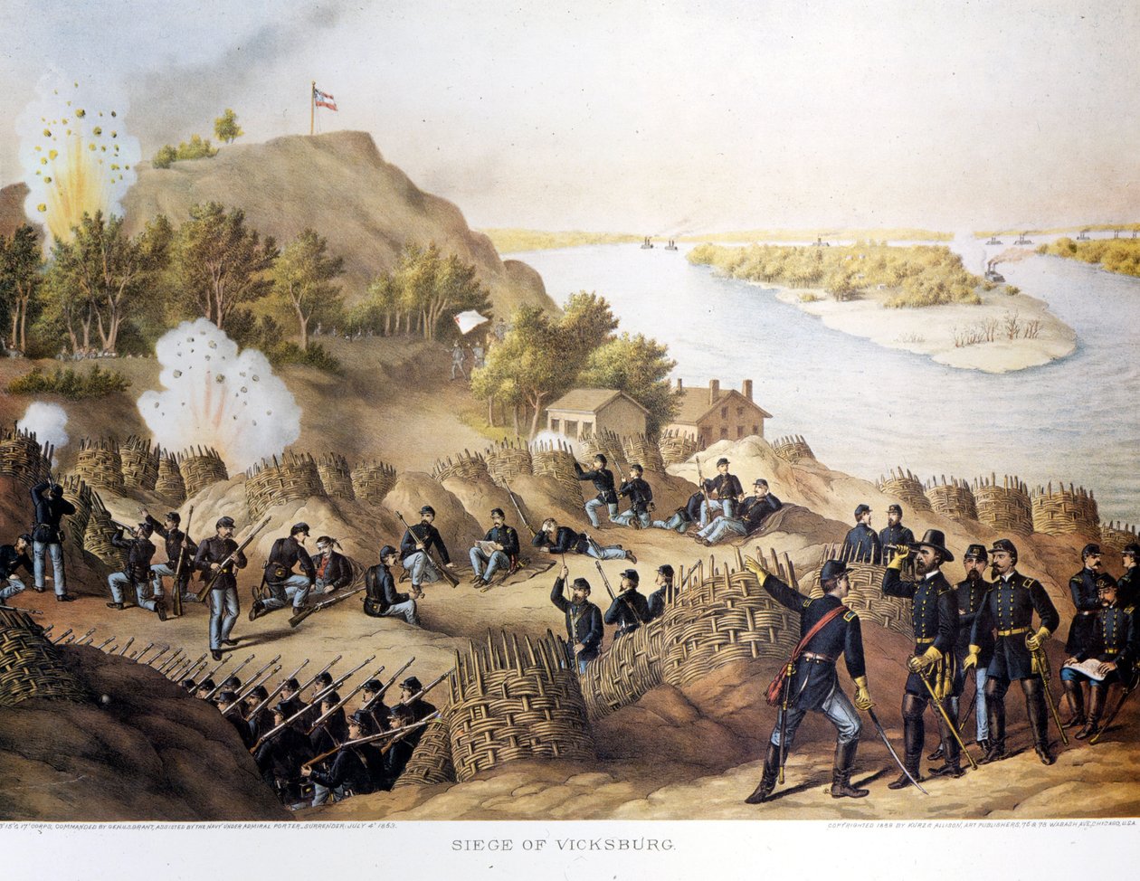 Občanská válka (1861 - 1865), Americká občanská válka. Obléhání Vicksburgu (na hranici Arkansasu a Mississippi), město dobyl generál Grant (a Seveřané), město padlo po čtyřiceti dnech obléhání (19. května až 4. července od Unknown artist
