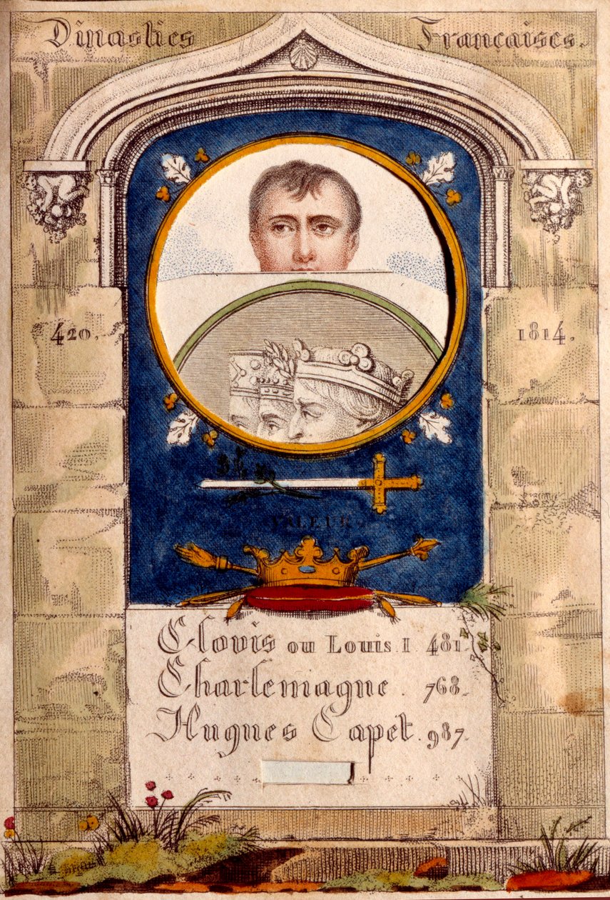 Tajná propaganda proti císaři Napoleonovi I. (1769-1821), jeho portrét je vyobrazen nad portrétem Chlodvíka, Karla Velikého a Huguese Capeta. od Unknown artist