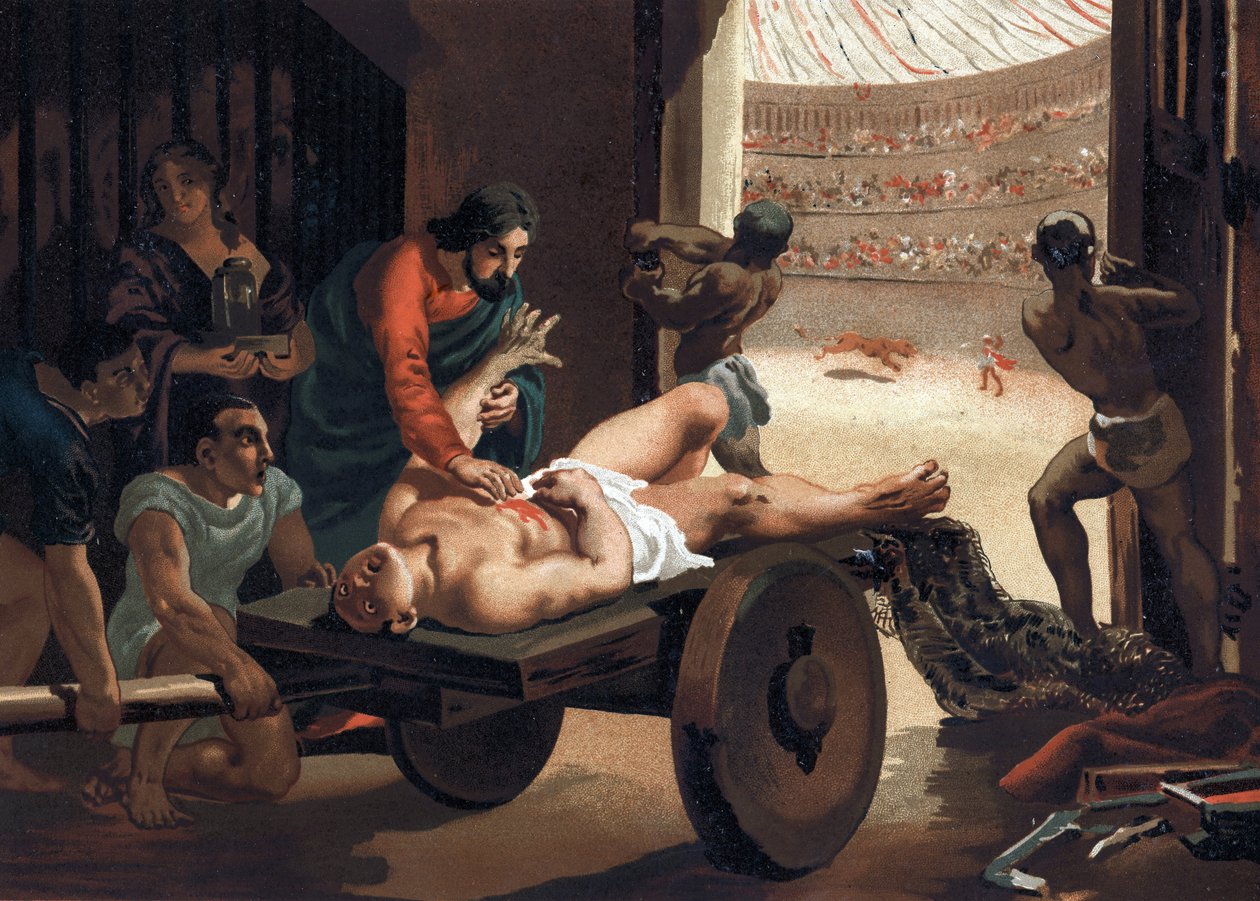 Claude Galien (Klaudios Galenos nebo Claudio Galeno nebo Claudius Galenus nebo Galen, v. 131 - v. 201), řecký lékař léčící gladiátora. Barcelona 1881 od Unknown artist