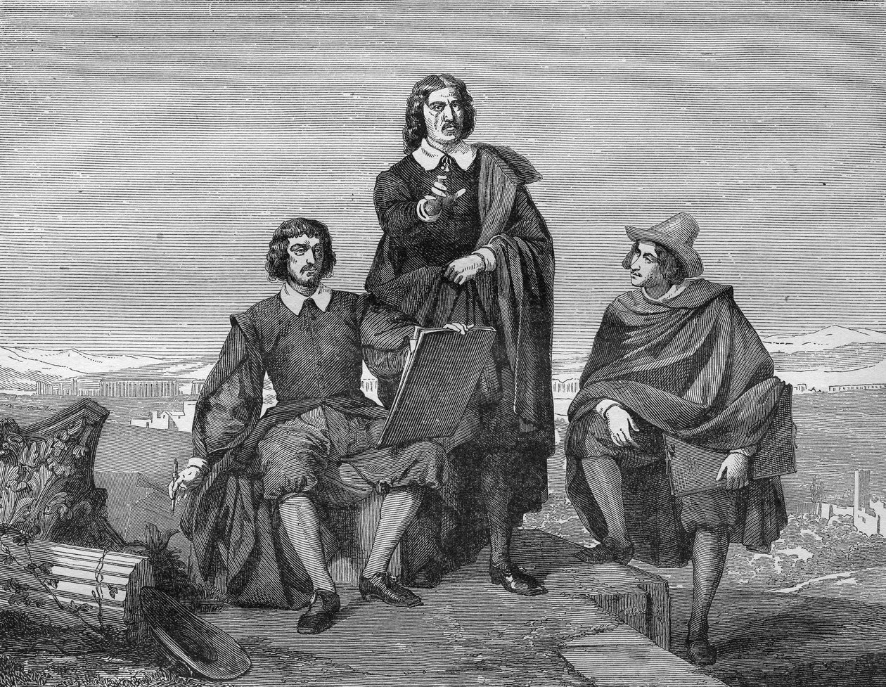 Claude Lorrain, Nicolas Poussin a Gaspard Dughet (Guaspre Poussin) v římské oblasti. Rytina 19. století. od Unknown artist