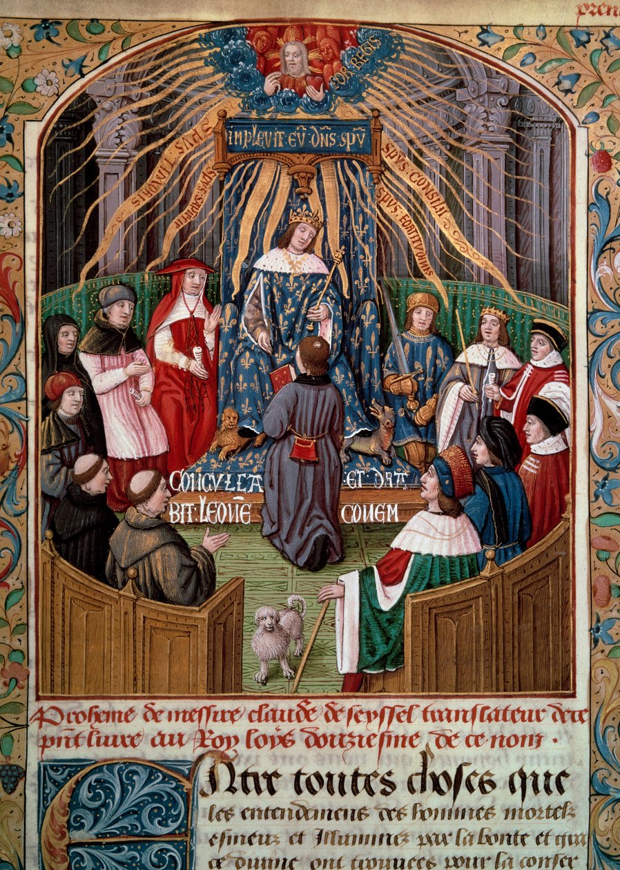 Claude de Seyssel (zemřel 1520) nabízí svou knihu králi Ludvíku XII. (1462-1515) Miniatura z díla Clauda de Seyssela „La Grande Monarchy de France“ od Unknown artist