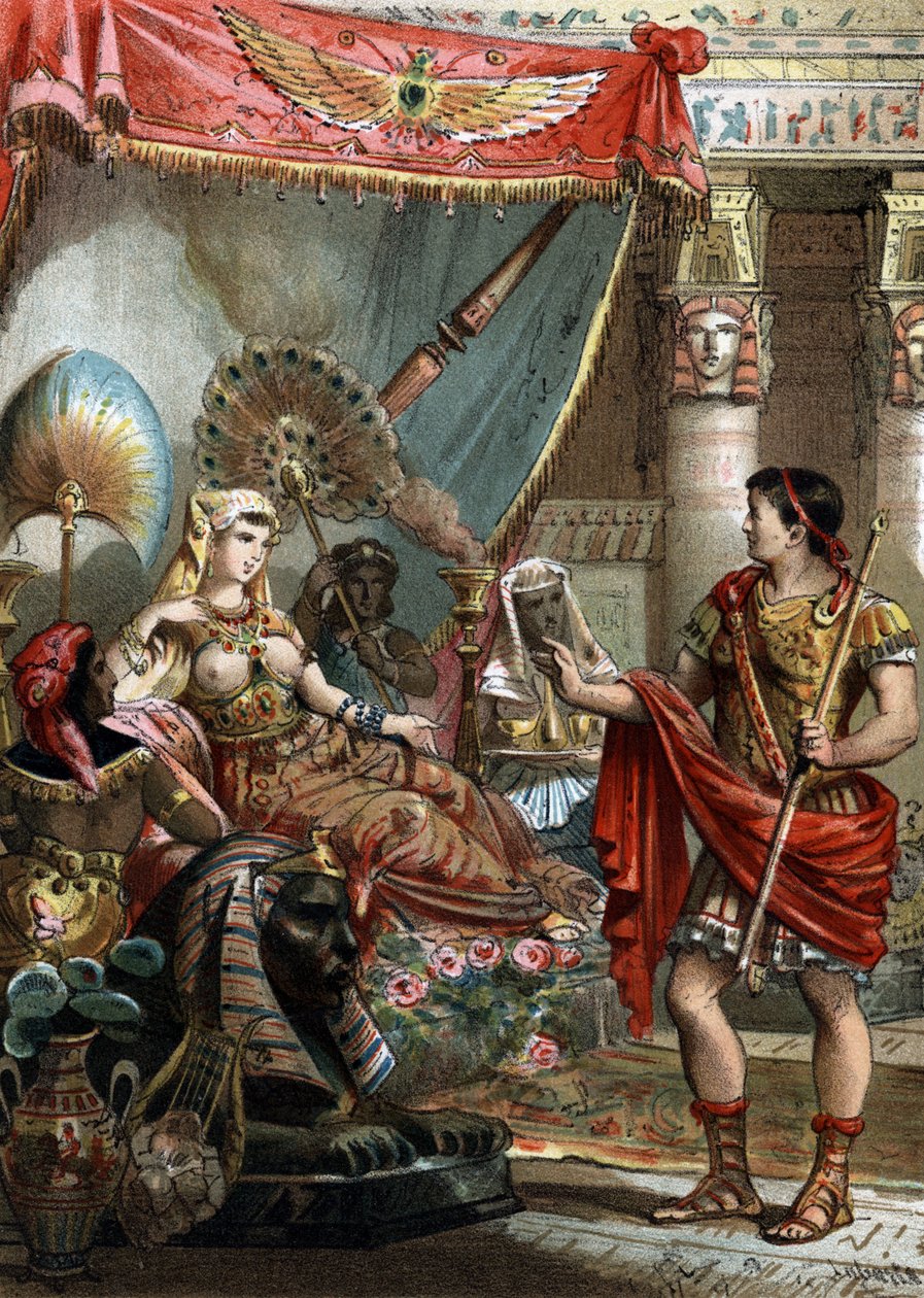 Kleopatra (69-30 př. n. l.) egyptská královna. s Markem Antoinem (83-30 př.nl,) Rytina z roku 1881 od Unknown artist