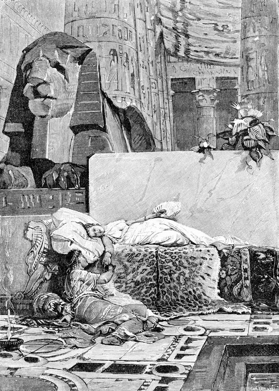 Kleopatra (69 př. n. l. - 30 př. n. l.) a Antonín nebo Mark Antoine (83 př. n. l. - 30 př. n. l.) po porážce Římské říše. Rytina 19. století. od Unknown artist