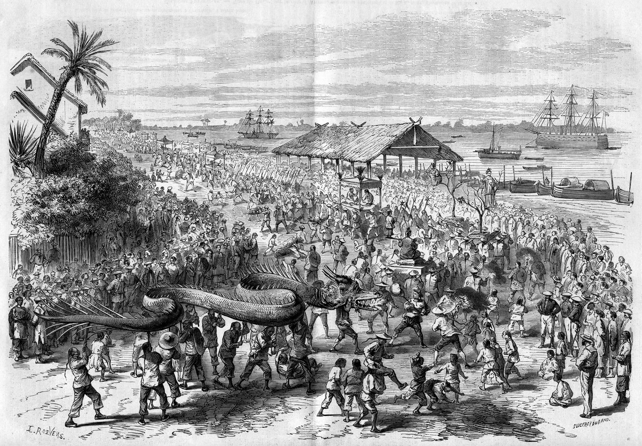 Cochinchine: každoroční dračí procesí organizované kongregací v Saigonu v roce 1865. od Unknown artist